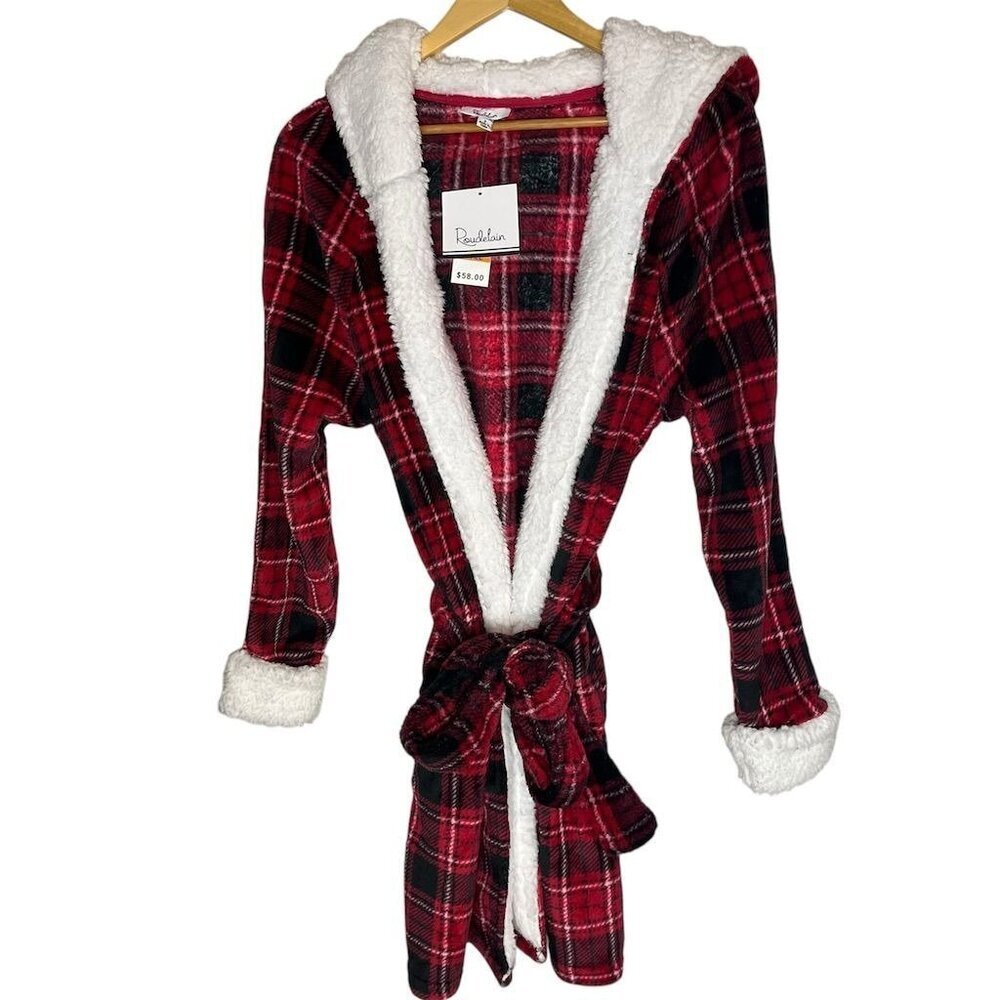 Roudelain Women's Small Hooded Plaid Fleece Robe Multicolor Comfy‎ Lounge